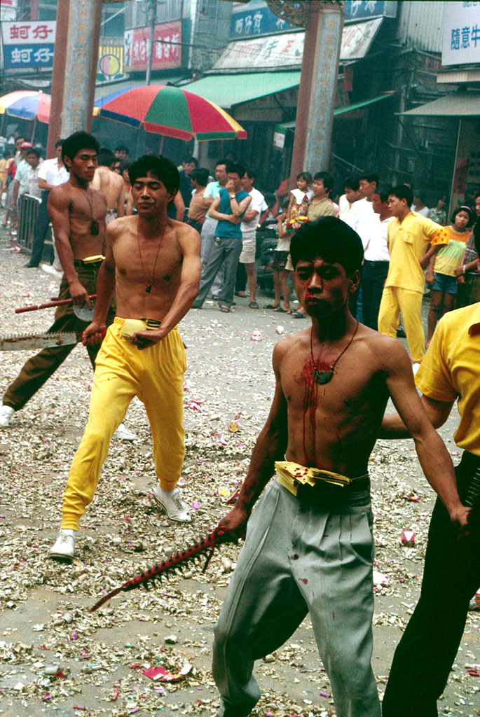 Some of the paticipants have beaten, cut or scratched themselves so blood is running down their bodies